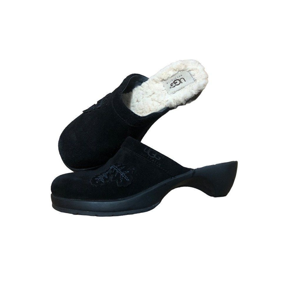 UGG 5496 Black Suede Sheepskin Wedge Clogs Mule Shoes Womens Size 5.5